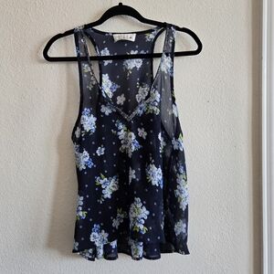 Abercrombie & Fitch Navy Blue Floral Top, Beaded Neckline Sz Small